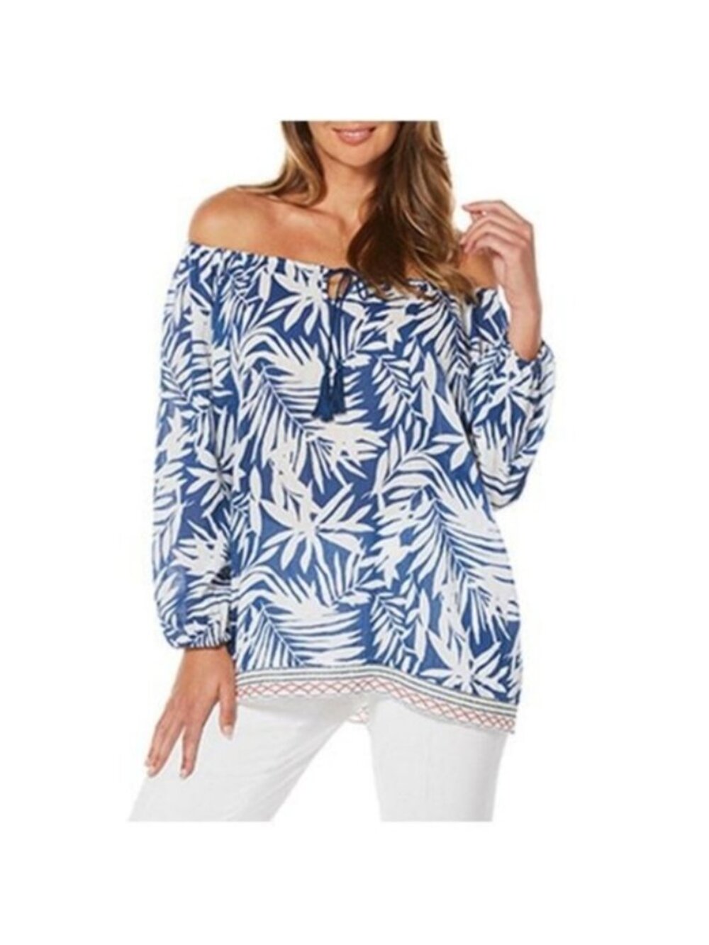 Rafaella Weekend Womens Blue & White Tropical Print Peasant Blouse With Decorati